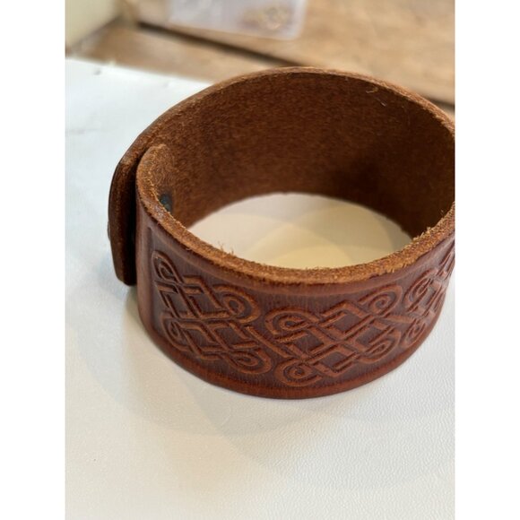 Embossed Leather Cuff Bracelet Celtic Design Mens Adjustable Brown - Picture 7 of 8